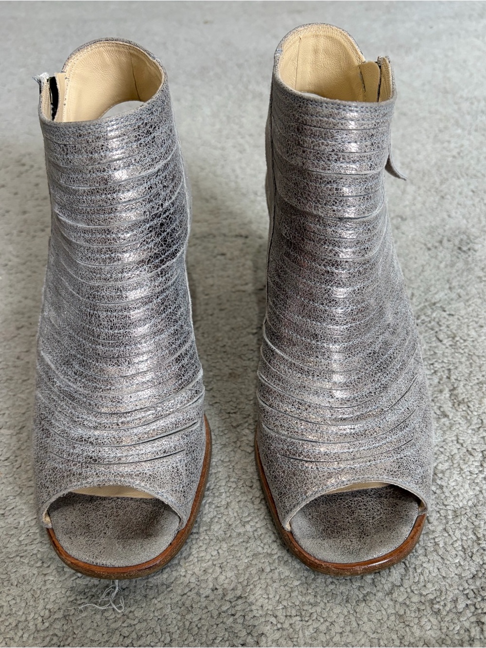 Paul Green $350 Cayenne Peep Toe Bootie Sandal Silver Heeled Zip, (Sz. 5.5) US 8